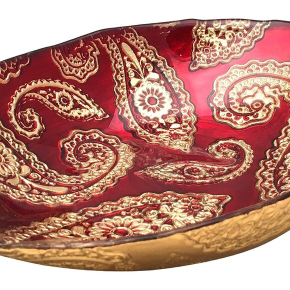 Large Red Pomegranate Paisley Oval Bowl Red Guilded Gold - 12 x 9" - Picture 3 of 7